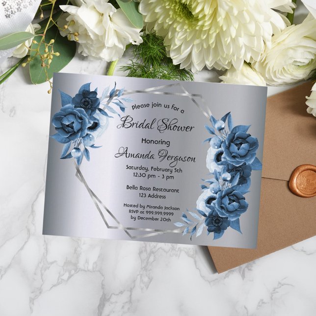 Bridal shower navy blue florals silver invitation postcard (Creator Uploaded)