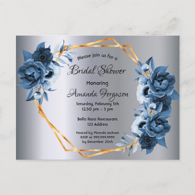 Bridal shower navy blue florals silver invitation postcard (Front)
