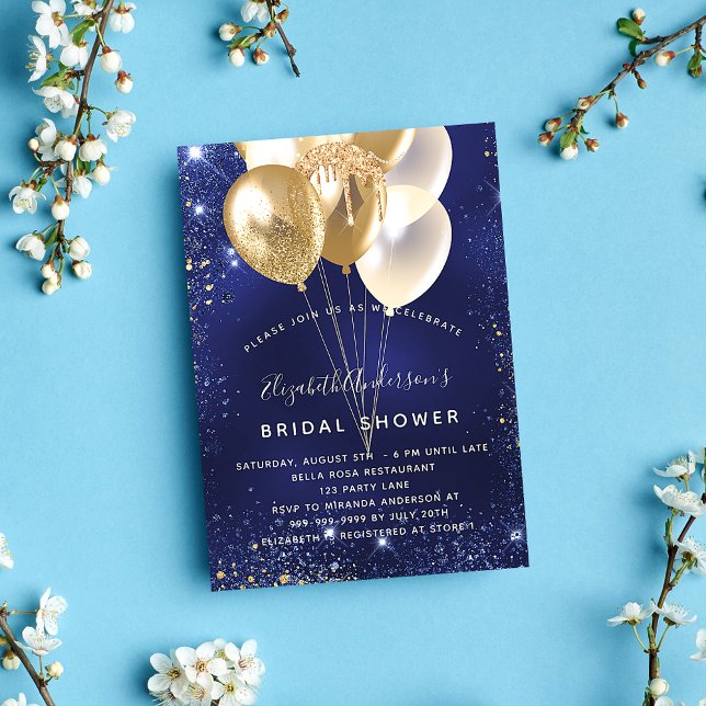 Bridal Shower navy blue gold balloons glamourous Invitation (Creator Uploaded)