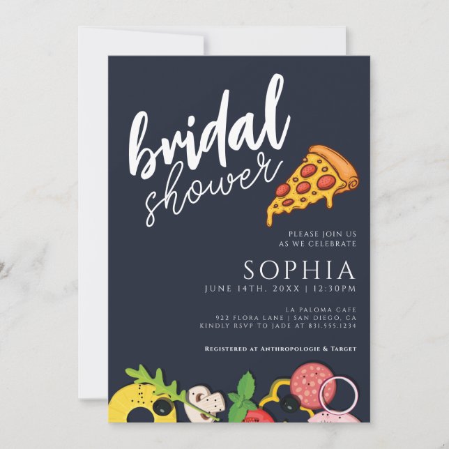 Bridal Shower Navy Blue PIZZA Modern Chic Invitation (Front)