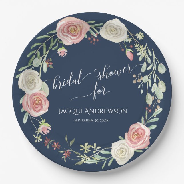 Bridal Shower Navy Blush Ivory Roses Wreath Paper Plate (Front)