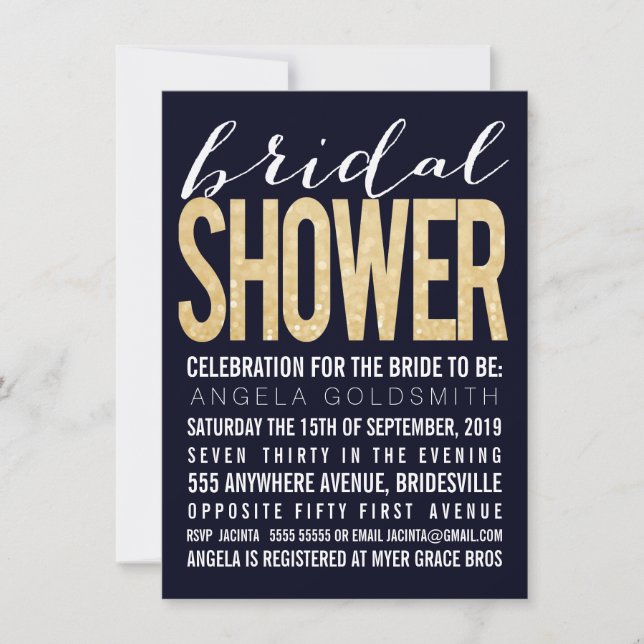 Bridal Shower Navy Gold Glitter Typography Invitation (Front)