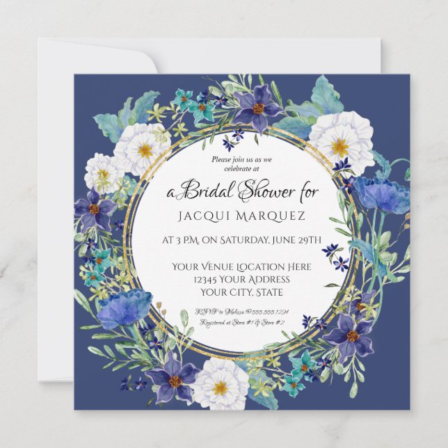Bridal Shower Navy White Watercolor Poppy Floral Invitation (Front)
