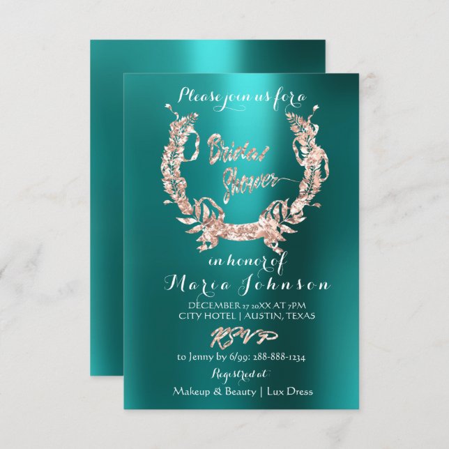Bridal Shower Olive Wreath  Rose Gold Teal Aquatic Invitation (Front/Back)