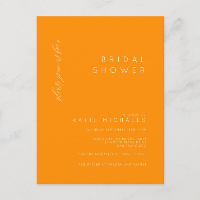 BRIDAL SHOWER | Orange Minimalist Postcard (Front)