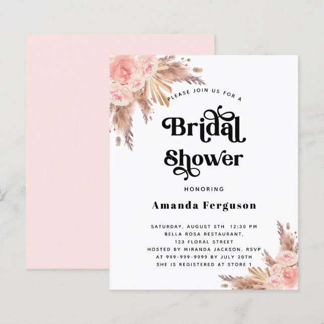 Bridal Shower pampas blush pink budget invitation (Front/Back)