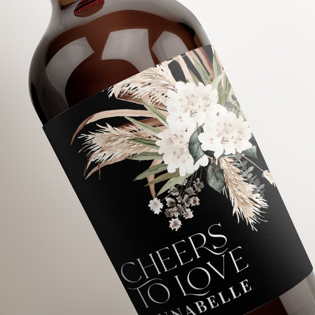 Bridal shower pampas boho black modern elegant wine label (Creator Uploaded)