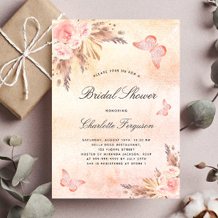 Bridal shower pampas grass blush butterfly invitation