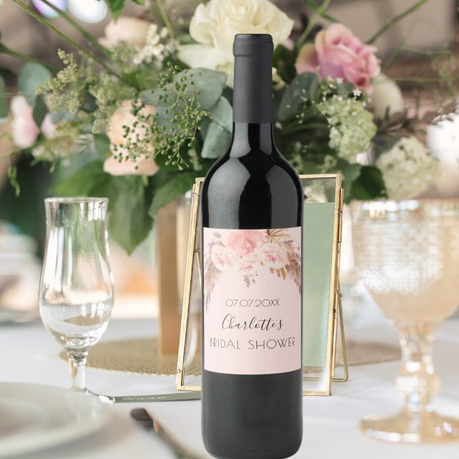 Bridal shower pampas grass blush rose floral name wine label (Creator Uploaded)