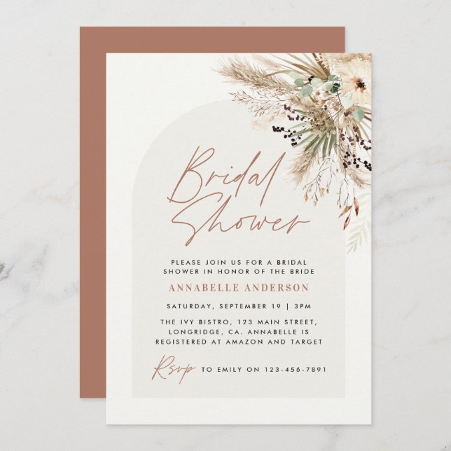Bridal shower pampas grass modern boho elegant inv invitation (Front/Back)