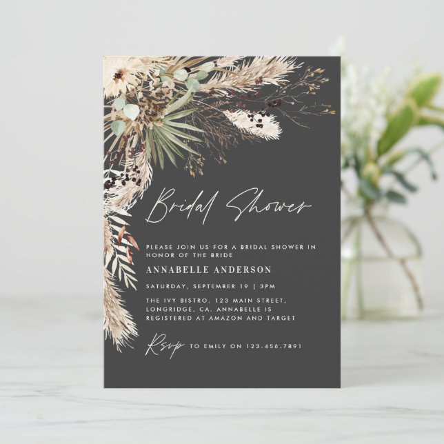 Bridal shower pampas grass modern boho elegant inv invitation (Standing Front)