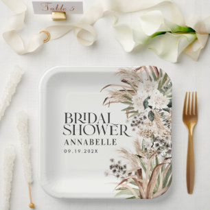 Bridal shower pampas grass modern elegant natural paper plate