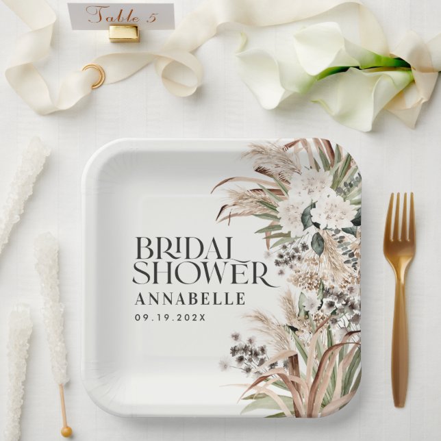 Bridal shower pampas grass modern elegant natural paper plate (Wedding)