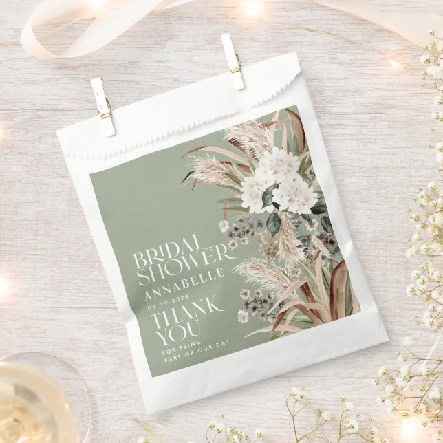 Bridal shower pampas grass modern sage green party favour bags (Clipped)