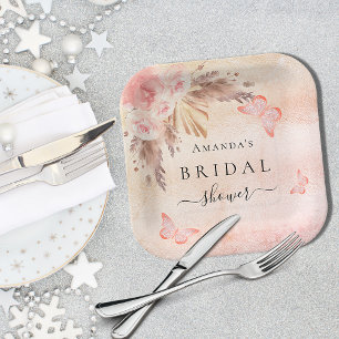 Bridal Shower pampas grass rose floral butterflies Paper Plate