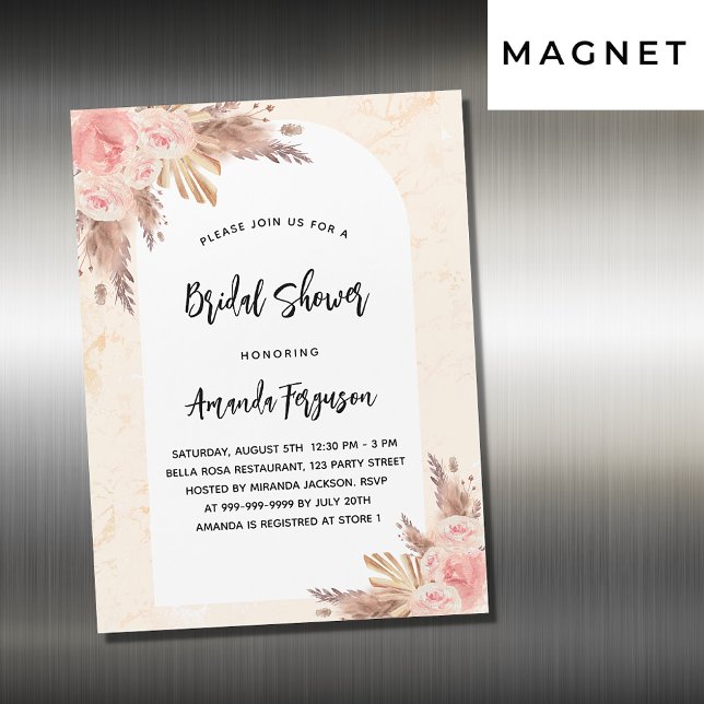 Bridal shower pampas grass rose gold blush luxury magnetic invitation (Creator Uploaded)