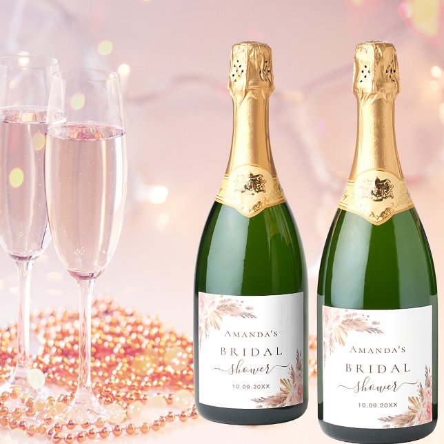 Bridal Shower pampas grass rose gold blush Sparkling Wine Label (Creator Uploaded)