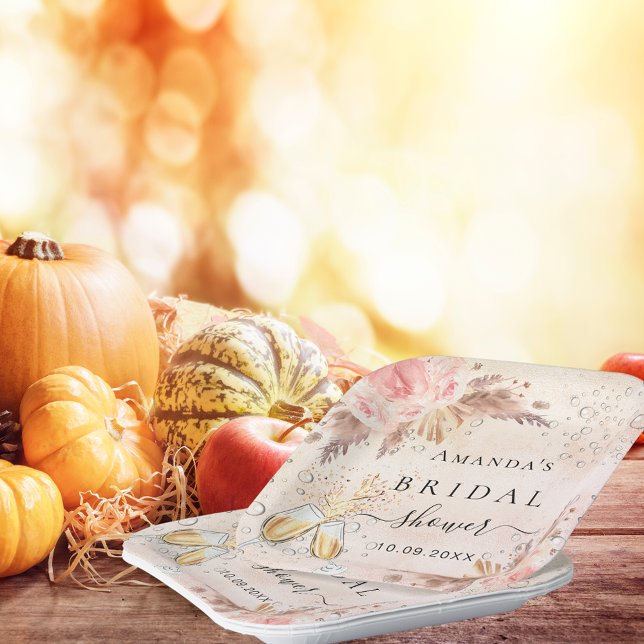 Bridal Shower pampas grass rose gold bubbly Paper Plate (Creator Uploaded)