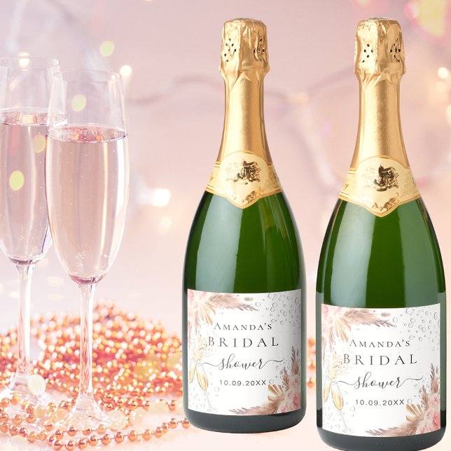 Bridal Shower pampas grass rose gold bubbly Sparkling Wine Label (Creator Uploaded)