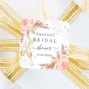 Bridal Shower pampas grass rose gold bubbly Square Sticker