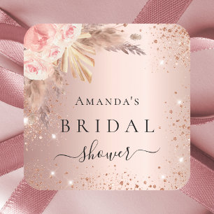 Bridal Shower pampas grass rose gold flowers Square Sticker