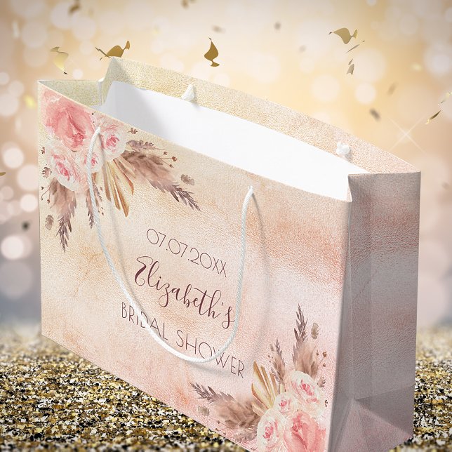 Bridal Shower pampas grass rose gold pink floral Large Gift Bag (Creator Uploaded)