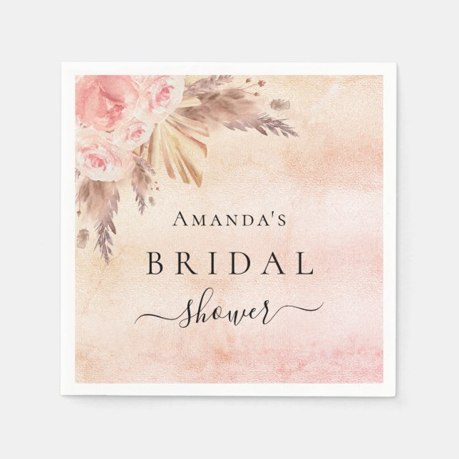 Bridal Shower pampas grass rose gold pink floral Napkin (Front)