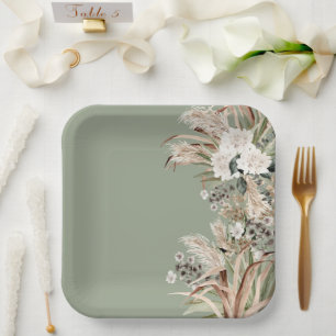 Bridal shower pampas modern elegant sage green paper plate