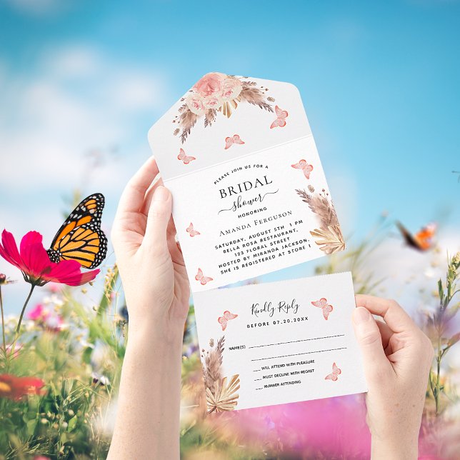 Bridal Shower pampas rose butterfly florals RSVP All In One Invitation (Creator Uploaded)
