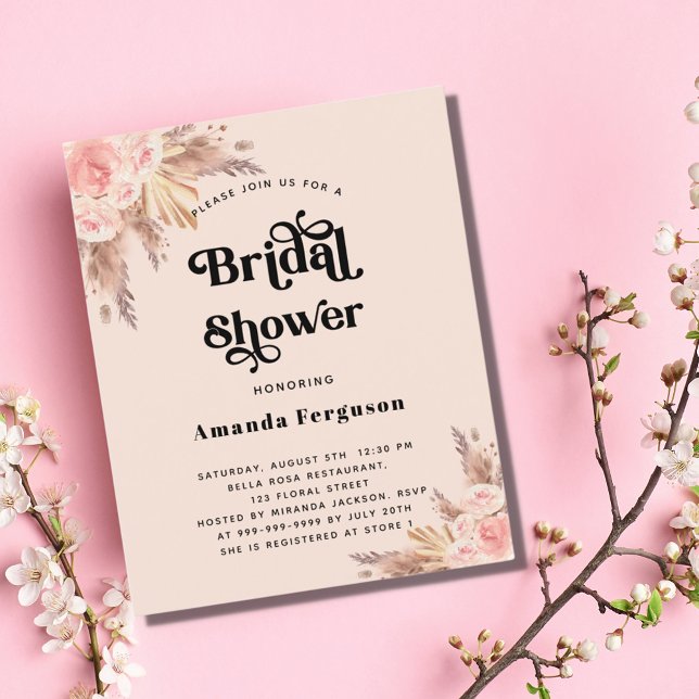 Bridal Shower pampas rose gold budget invitation (Creator Uploaded)