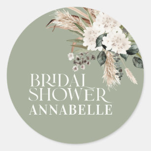 Bridal shower pampas sage green modern party favou classic round sticker