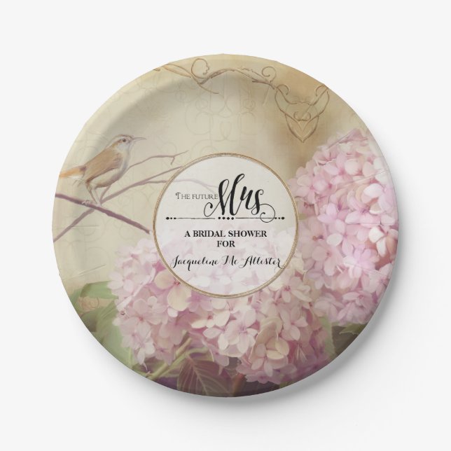 Bridal Shower Paper Party Decor Pink Hydrangea Art Plate (Front)