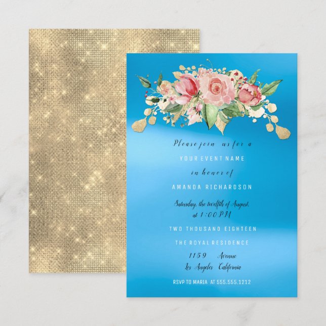 Bridal Shower Party Blue Painted Flower Watercolor Invitation (Front/Back)