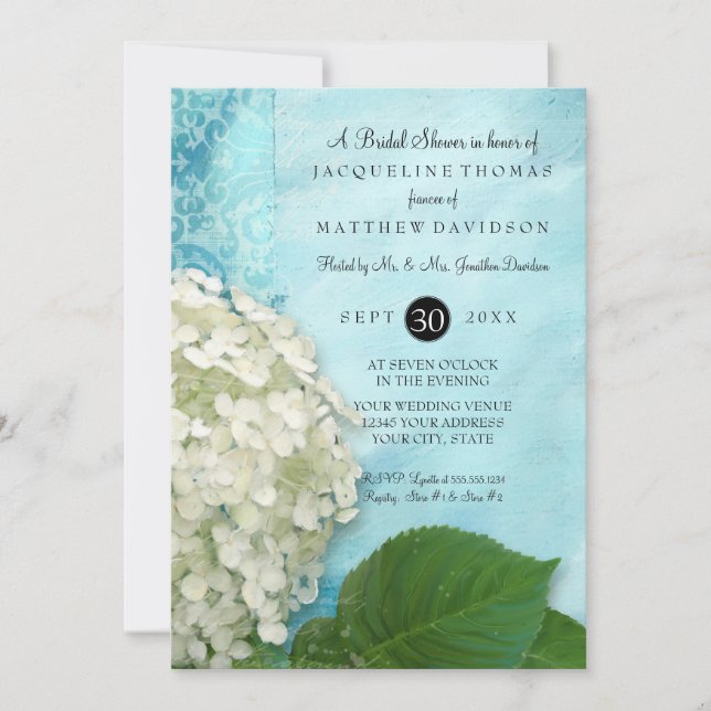 Bridal Shower Party Damask White Hydrangea Floral Invitation (Front)