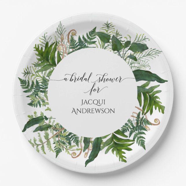 Bridal Shower Party Ferns | Emerald Forest Foliage Paper Plate (Front)