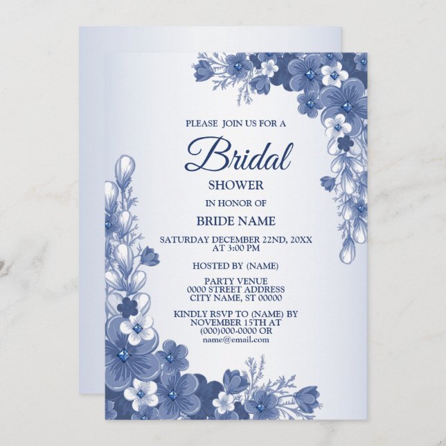 Bridal Shower Party Floral Blue Grey Rustic Invitation (Front/Back)