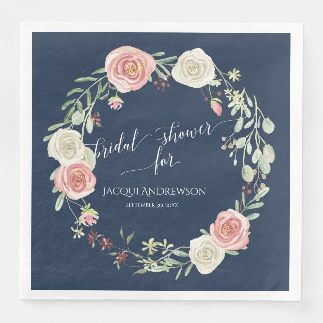 Bridal Shower Party Navy Blush Ivory Rose Wreath Napkin (Front)