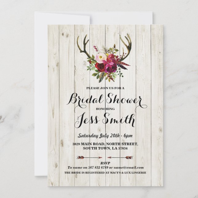 Bridal Shower Party Rustic Antler Floral Invite (Front)