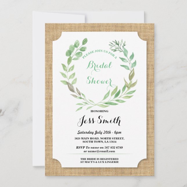 Bridal Shower Party Rustic Burlap Leaves Invite (Front)