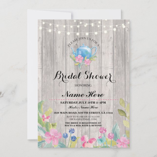 Bridal Shower Party Rustic Teapot Floral Invite (Front)