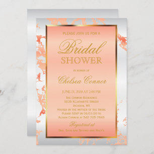 Bridal Shower - Peach Marble, White & Gold Invitation