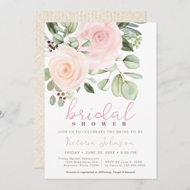Bridal Shower Peach & Pink Pastel Rose Invitation (Front/Back)