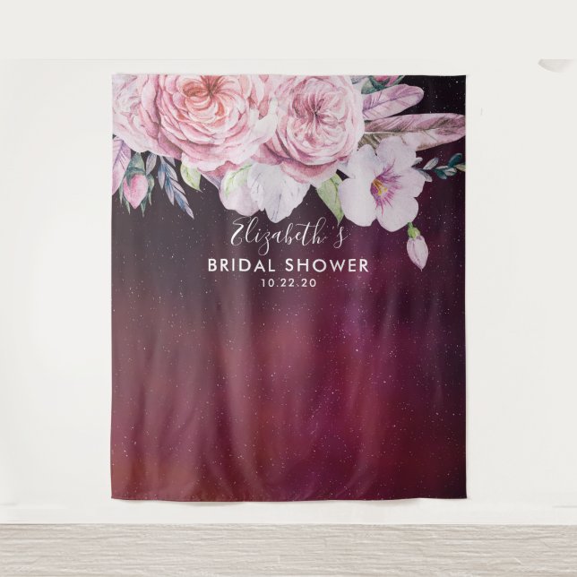Bridal Shower Photo Backdrop Boho Flowers Burgundy Tapestry (Front)