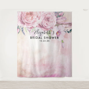 Bridal Shower Photo Backdrop Boho Flowers Feathers Tapestry