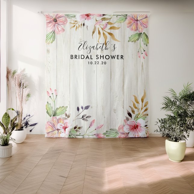 Bridal Shower Photo Backdrop Flowers Rustic Wood Tapestry (Creator Uploaded)
