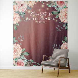 Bridal Shower Photo Backdrop Flowers String Lights Tapestry