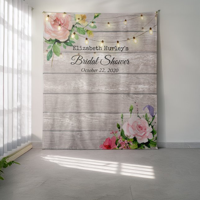 Bridal Shower Photo Backdrop Flowers Wood Lights Tapestry (Creator Uploaded)