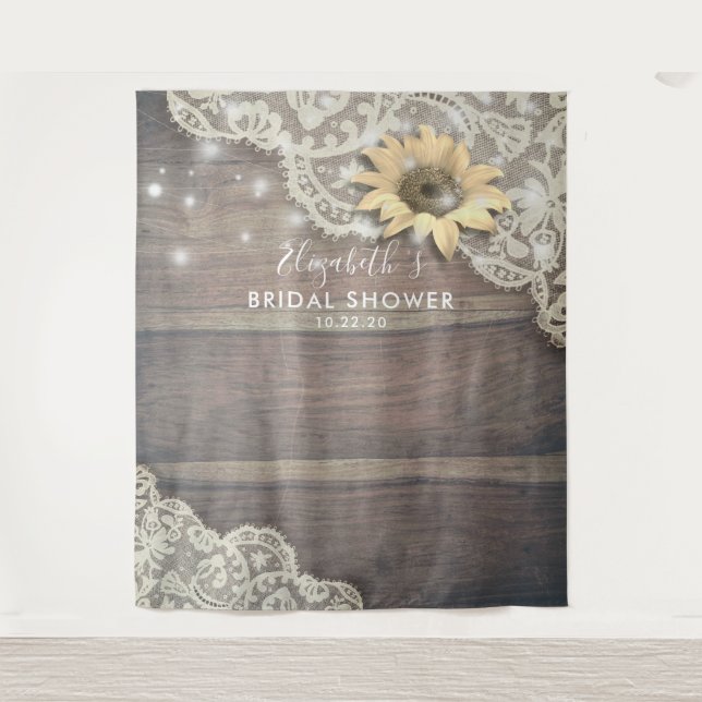 Bridal Shower Photo Backdrop Lace Sunflowers Wood Tapestry (Front)