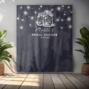 Bridal Shower Photo Backdrop Wood Mason Jar Lights Tapestry
