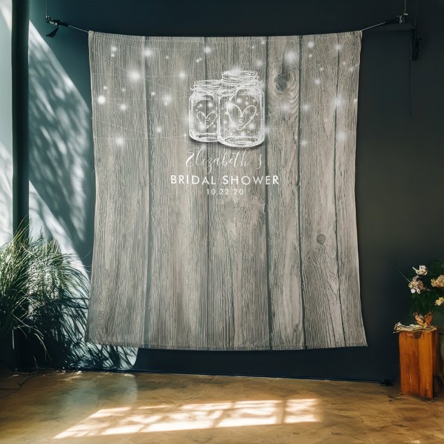 Bridal Shower Photo Backdrop Wood Mason Jar Lights Tapestry (Creator Uploaded)